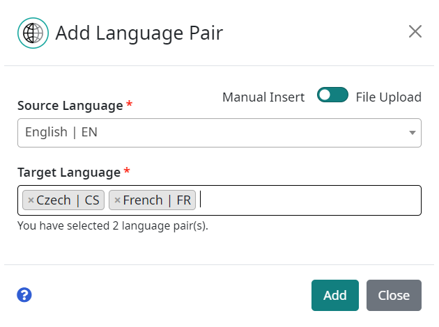 Inserting a new Language pair to the configuration