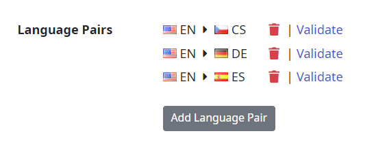 Language pair list of the configuration